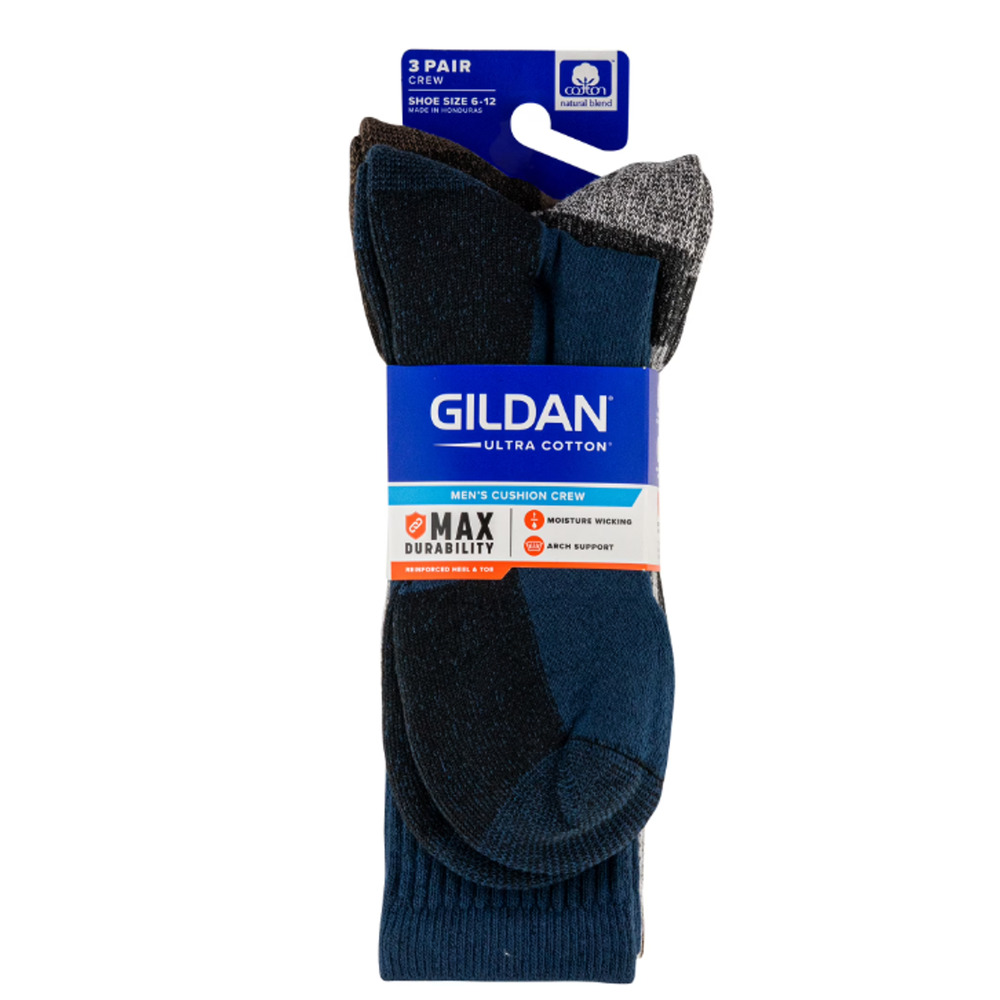 Gildan Men's Ultra Cotton Crew Socks 3 Pack Blue Cove Grey Heather Espresso